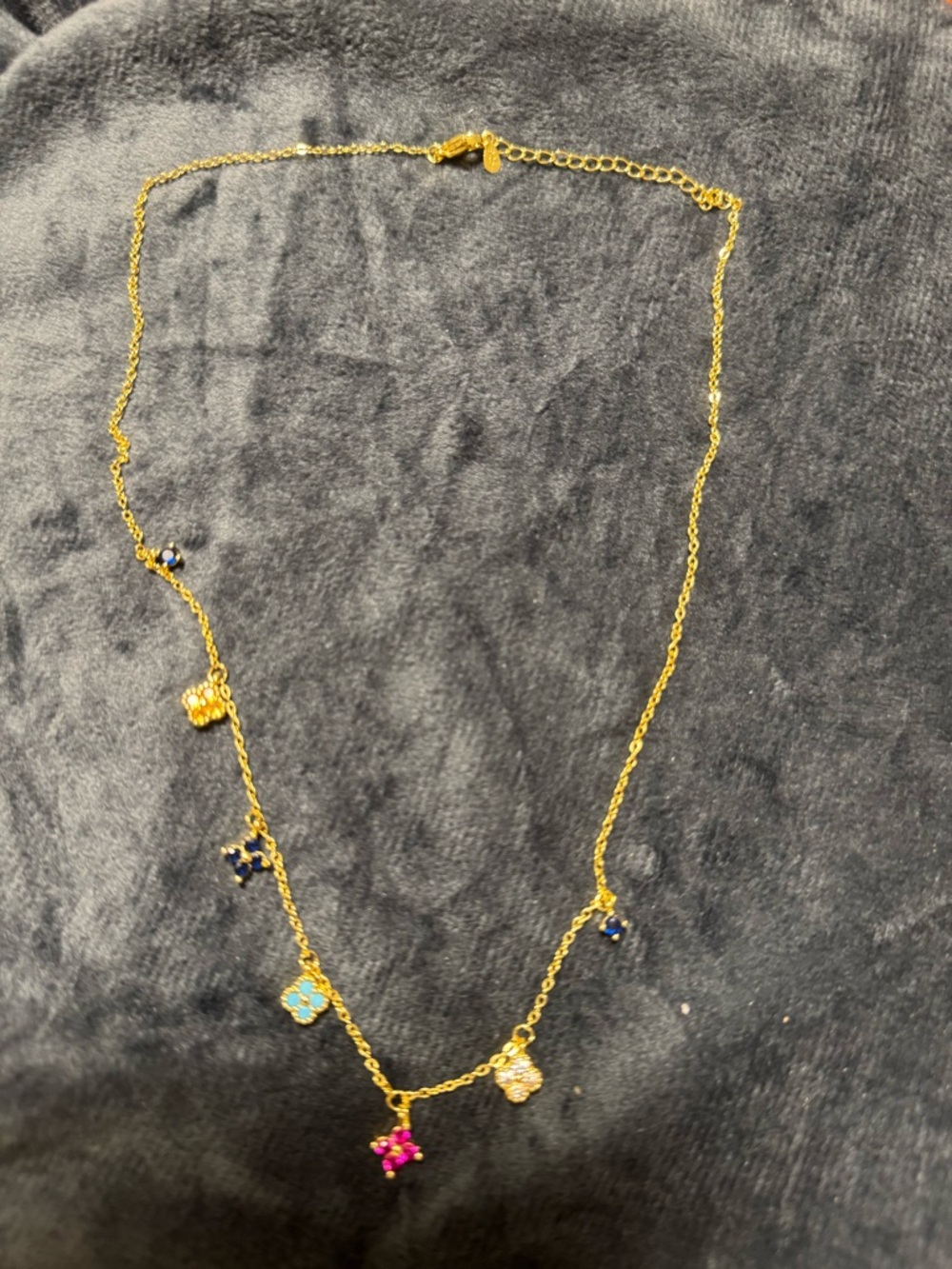 Gold plated sterling silver Multi-Flower Charm Necklace with Colorful Accents